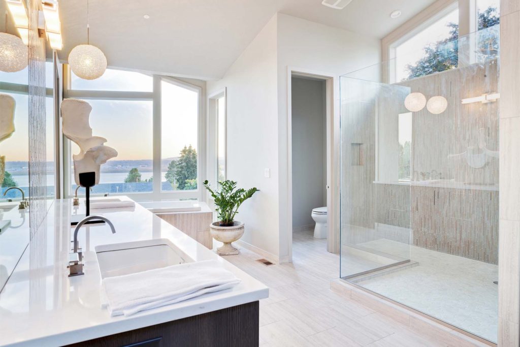 This modern bath has a frameless glass shower enclosure.